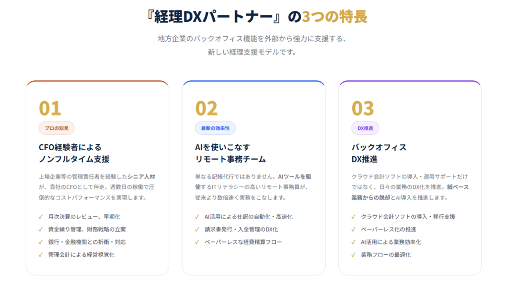 経理DXパートナーの3つの特長(CFO×AI×DX)